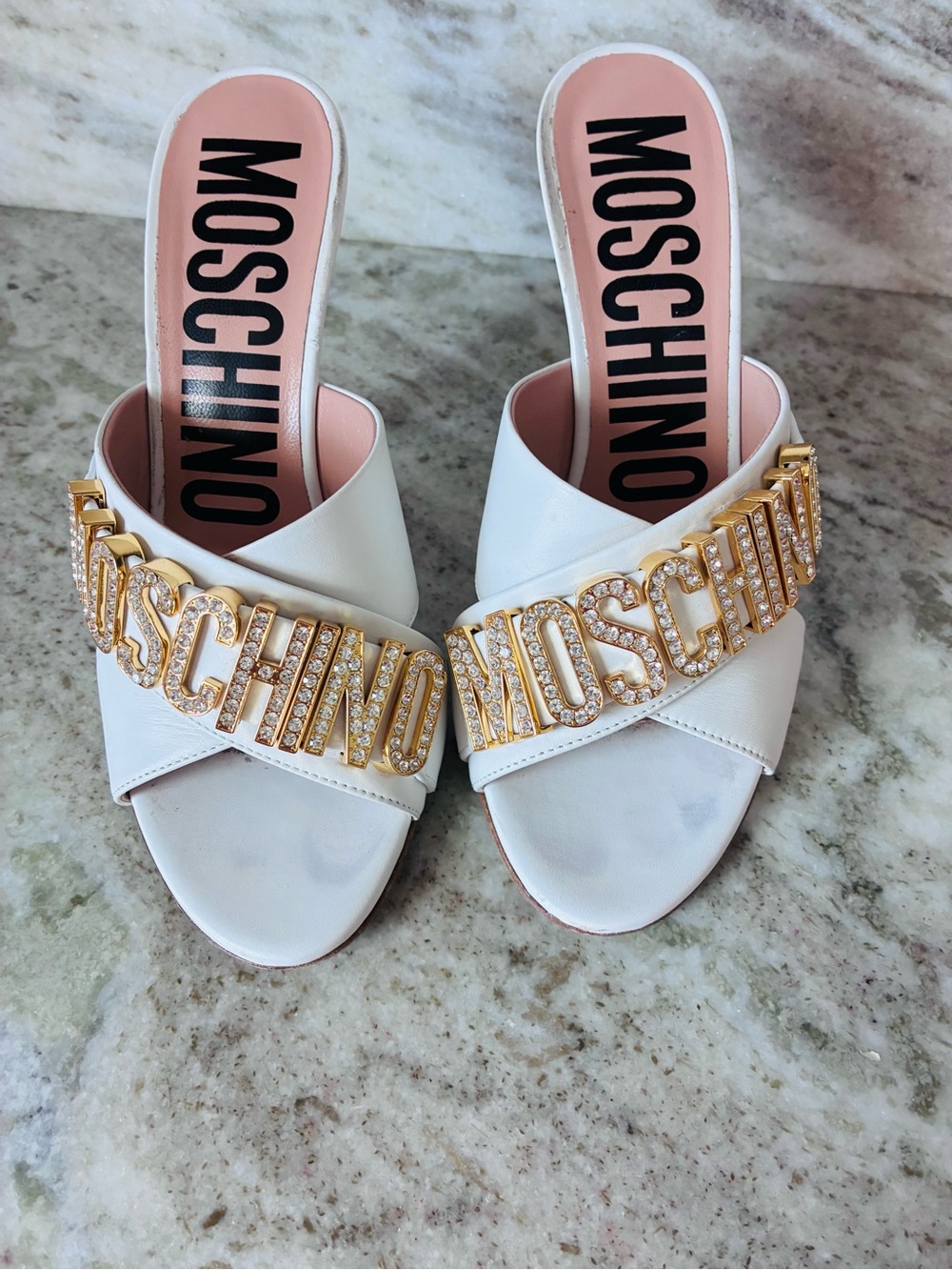 Moschino White Leather Crystal Logo Heel Slides - Picture 4 of 8